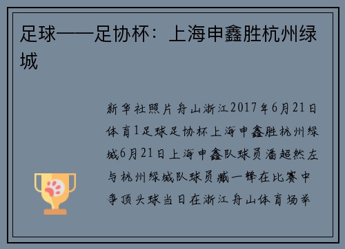 足球——足协杯：上海申鑫胜杭州绿城