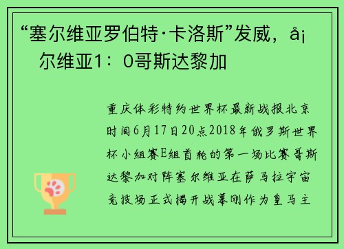 “塞尔维亚罗伯特·卡洛斯”发威,塞尔维亚1:0哥斯达黎加